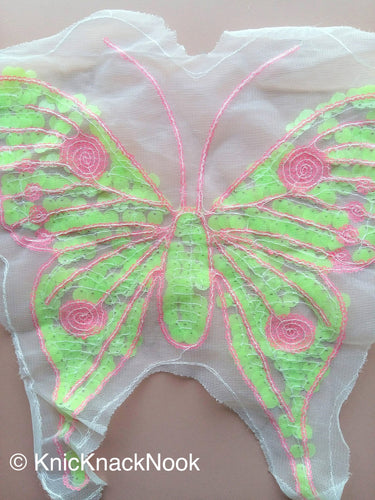 Neon Pink And Neon Yellow Sequins Butterfly On Net, Appliqué Patches x 1 - 200317A118B